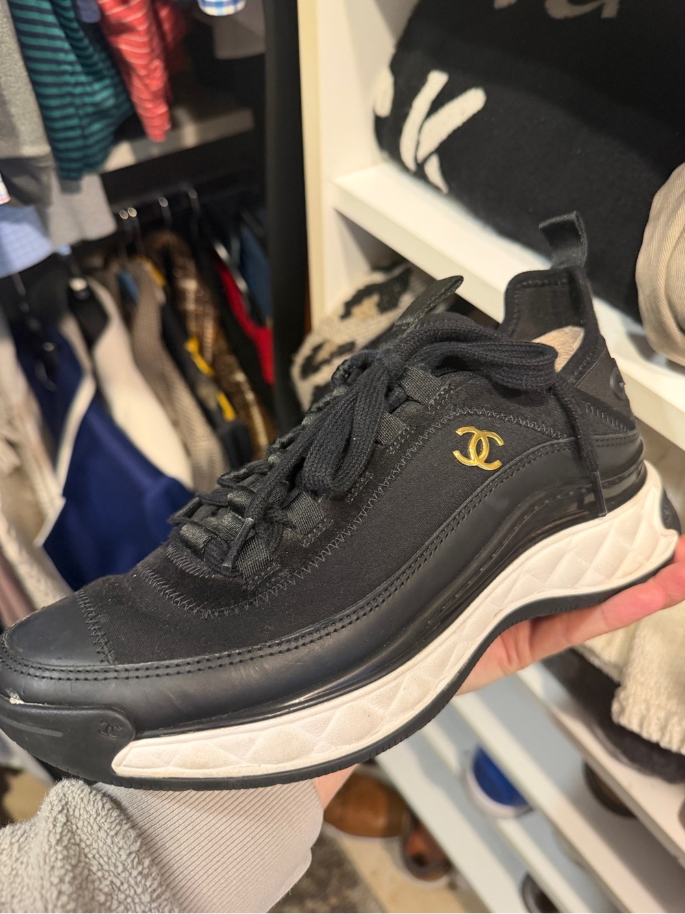 CHANEL Black and White Women's Quilted-Trim Sneakers with Gold CC - Picture 2 of 5